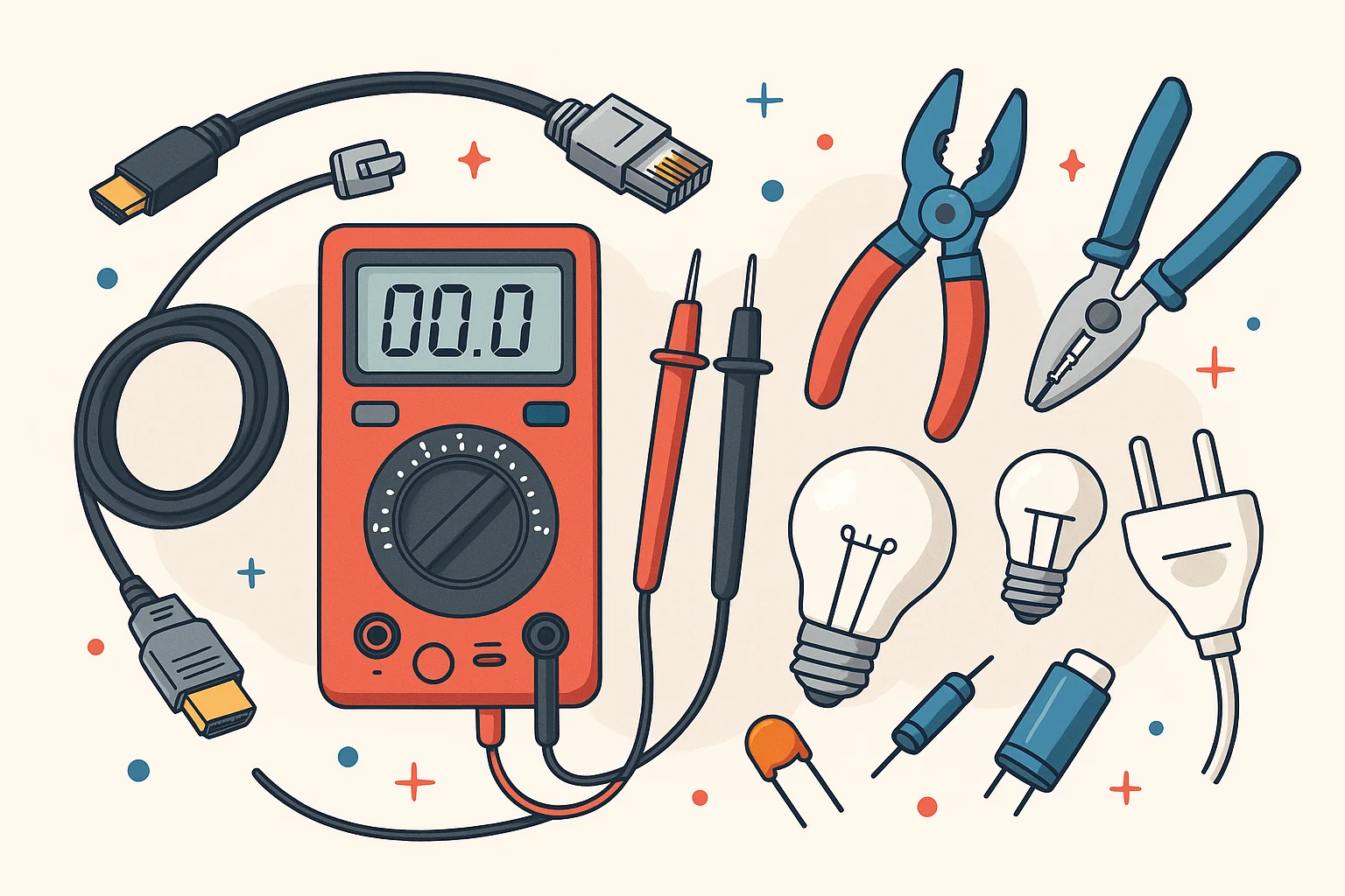 Illustration de câbles, outils et composants électroniques